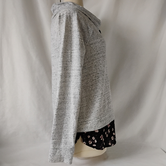 Womens Cowl Neck Gray Knit Sweatshirt Over Floral Chiffon Blouse Layered Look - Picture 9 of 16